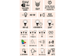 žárovka LED mini, 5W, 410lm, E27, teplá bílá